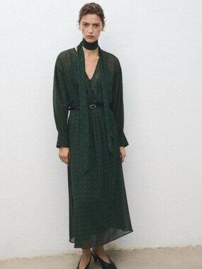 Mango Green Medallion Print Dress XS Long Sleeve Belted + Scarf Boho Chic Lined